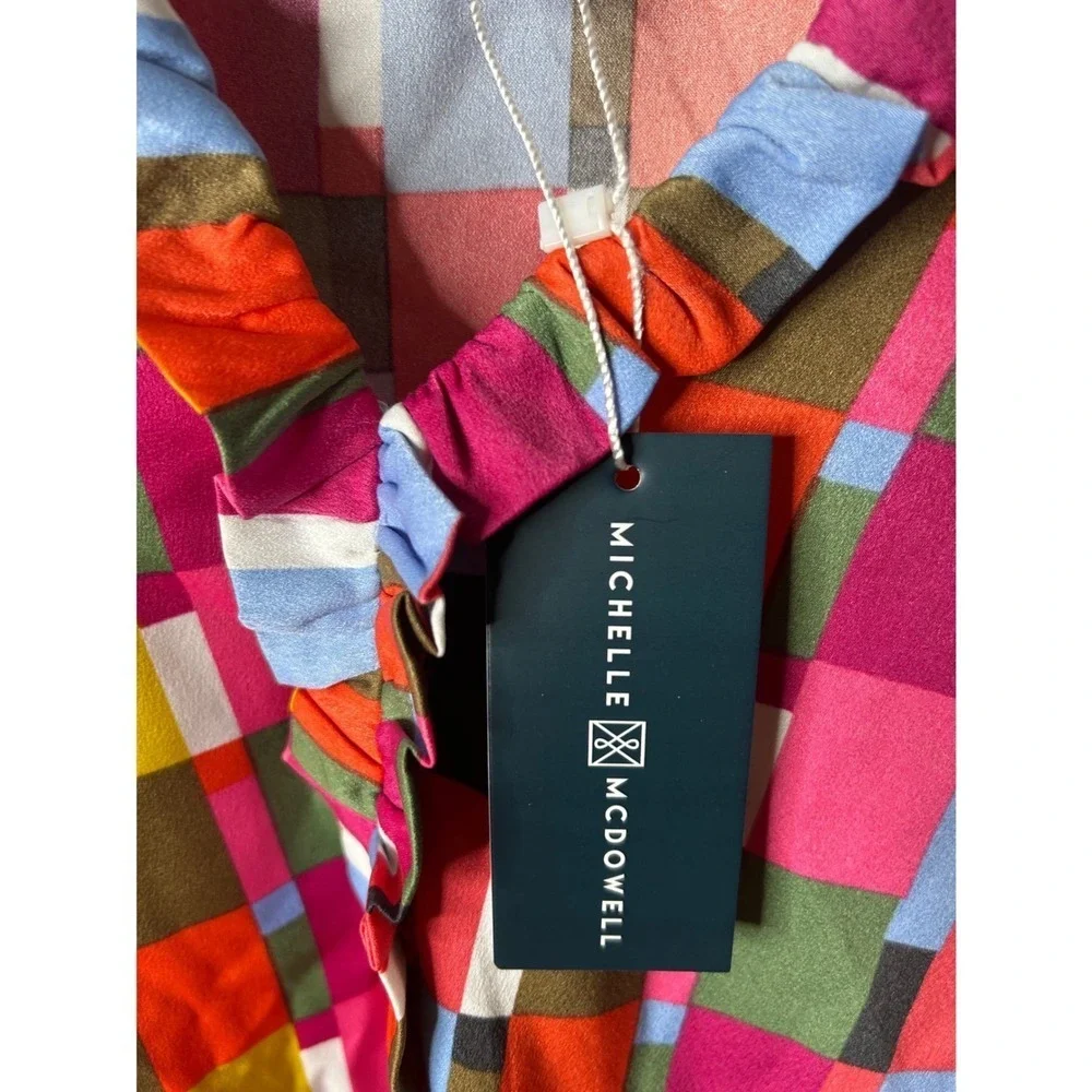 Michelle McDowell Ruffle Neck Blouse Women S‎ Multicolor NEW Patchwork Geometric
